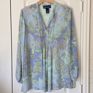 Susan Graver Style Sheer Paisley Floral Blouse Blue Green Purple Size M